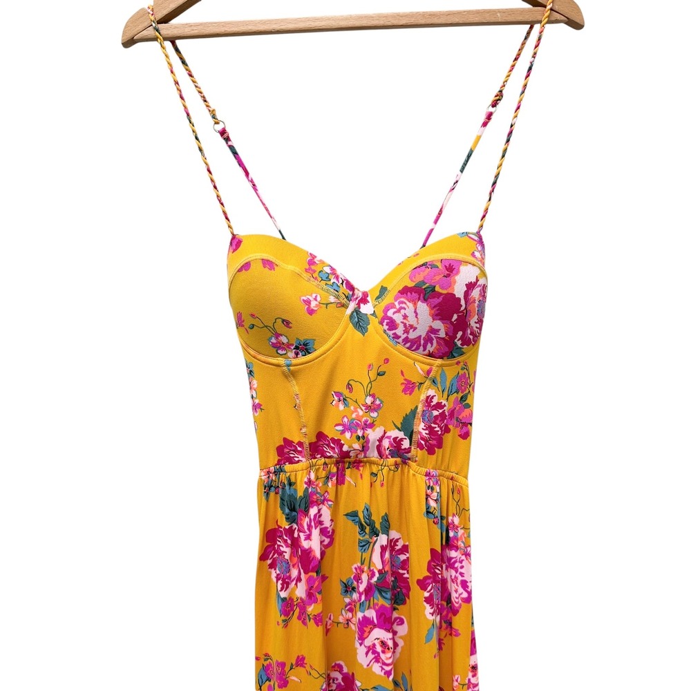 Maaji Yellow Floral Bustier Maxi Dress Lace Up Back Tiered Summer Size Medium - Picture 4 of 9